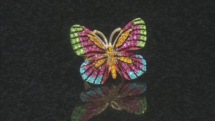 Multicolor Crystal Gold Tone Butterfly Statement Ring Video Thumbnail