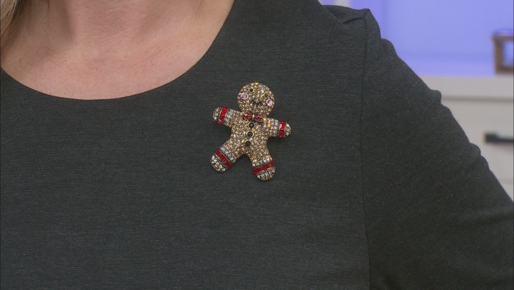 Multi-color Crystal Antique Tone Gingerbread Man Brooch/Ornament Video Thumbnail