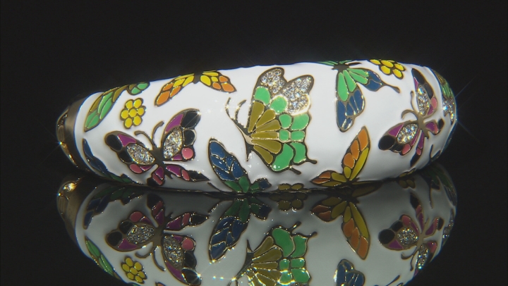 White Crystal With Multi-Color Enamel Gold Tone Butterfly Cuff Video Thumbnail