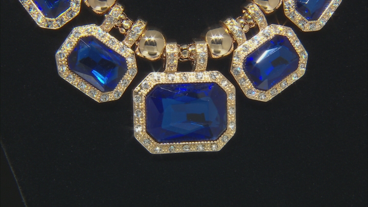.Blue And White Crystal Gold Tone Necklace, Bracelet and Earring Set