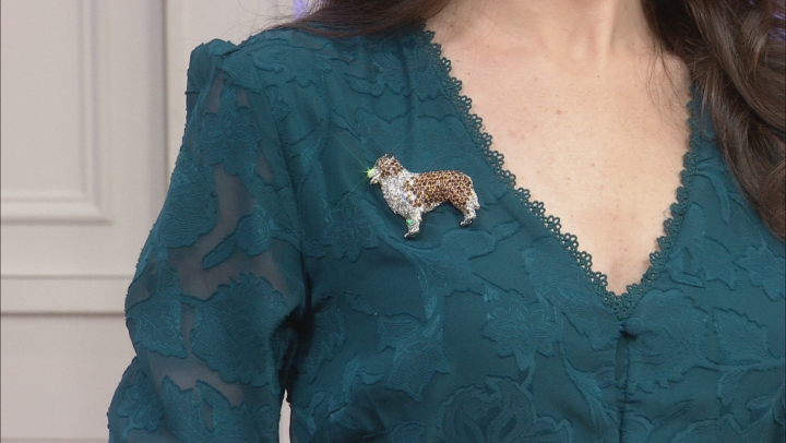 White, Brown, and Black Crystal Silver Tone Border Collie Brooch Video Thumbnail