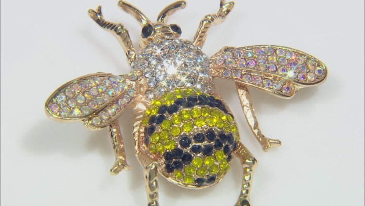 Multi-color Crystal Gold Tone Bee Brooch Video Thumbnail