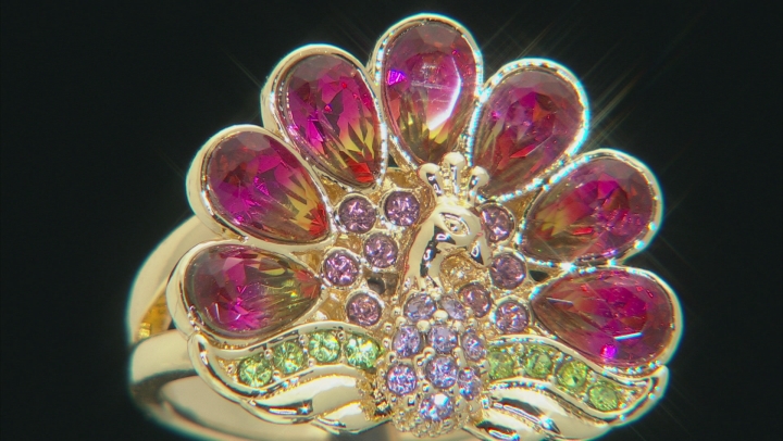 Gold Tone Multi-Color Crystal Peacock Ring Video Thumbnail
