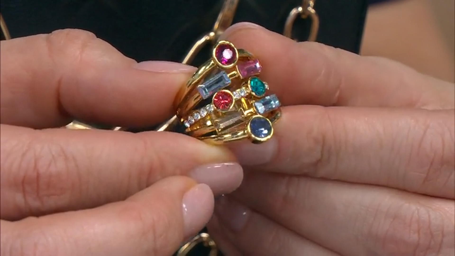 Multi-color Crystal Gold Tone Multi Row Ring Video Thumbnail
