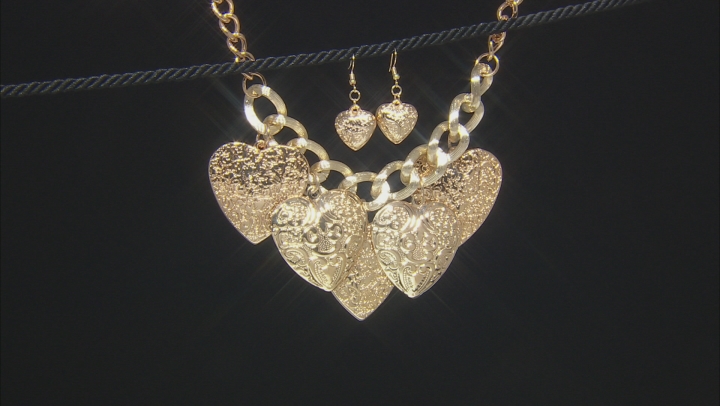 Gold Tone Heart Charm Necklace and Earring Set Video Thumbnail
