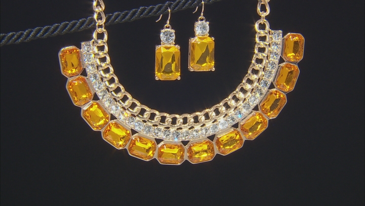 Gold Tone Orange and White Crystal Necklace And Earring Set Video Thumbnail