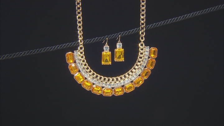 Gold Tone Orange and White Crystal Necklace And Earring Set Video Thumbnail
