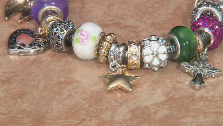 Gold and Silver Tone Multi Color Crystal Sentiments Themed Charm Bracelet Video Thumbnail