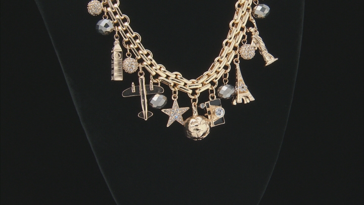 White Crystal Gold Tone Travel Charm Necklace Video Thumbnail