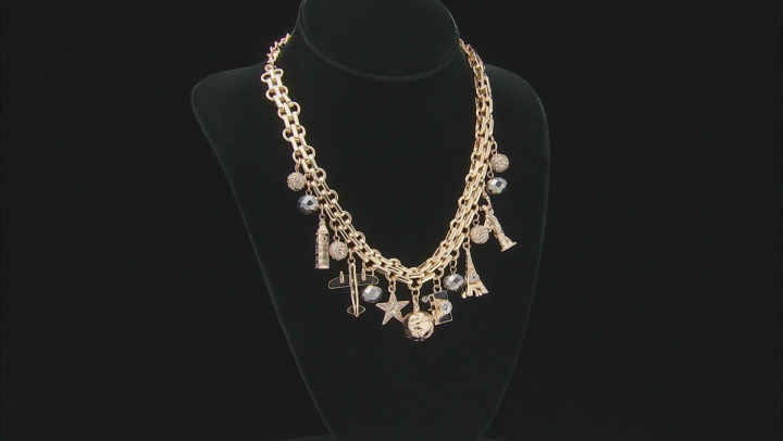 White Crystal Gold Tone Travel Charm Necklace Video Thumbnail