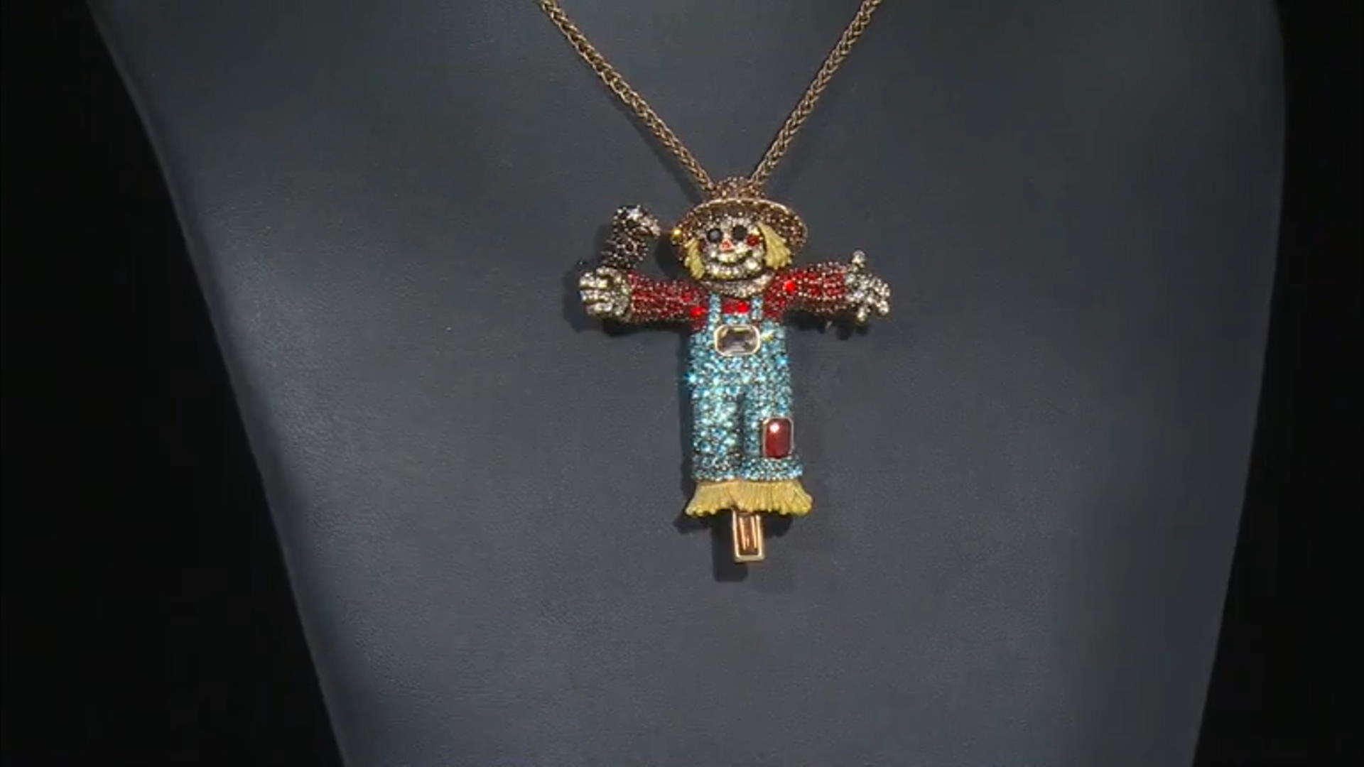 Multicolor Crystal Yellow Enamel Antiqued Gold Tone Scarecrow Pin/Pendant With Chain Video Thumbnail