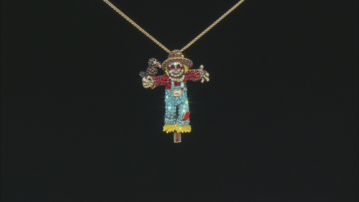 Multicolor Crystal Yellow Enamel Antiqued Gold Tone Scarecrow Pin/Pendant With Chain Video Thumbnail