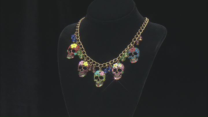 Multicolor Crystal Multicolor Enamel Antiqued Gold Tone Day Of The Dead Charm Necklace Video Thumbnail