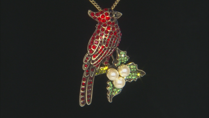 Antique Bronze Tone Multicolor Crystal Pearl Simulant Cardinal Brooch Pendant With Chain Video Thumbnail