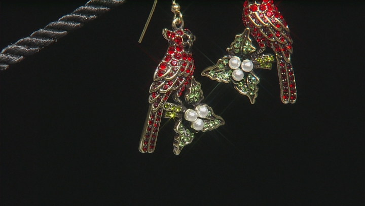 Multicolor Crystal Pearl Simulant Antiqued Gold Tone Cardinal Earrings Video Thumbnail