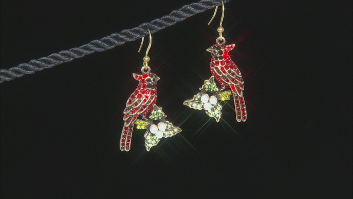 Multicolor Crystal Pearl Simulant Antiqued Gold Tone Cardinal Earrings Video Thumbnail