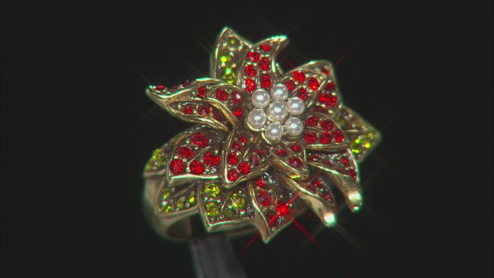 Multicolor Crystal Pearl Simulant Antiqued Gold Tone Poinsettia Ring Video Thumbnail