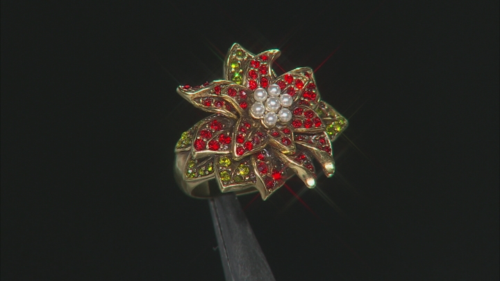 Multicolor Crystal Pearl Simulant Antiqued Gold Tone Poinsettia Ring Video Thumbnail