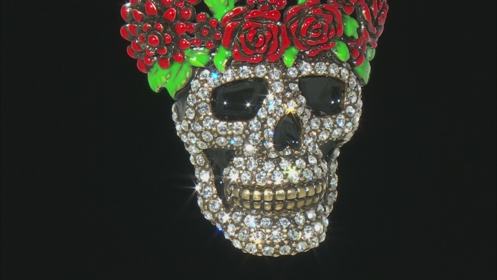 Multicolor Enamel White Crystal Day Of The Dead Skull Pin Pendant With Chain Video Thumbnail