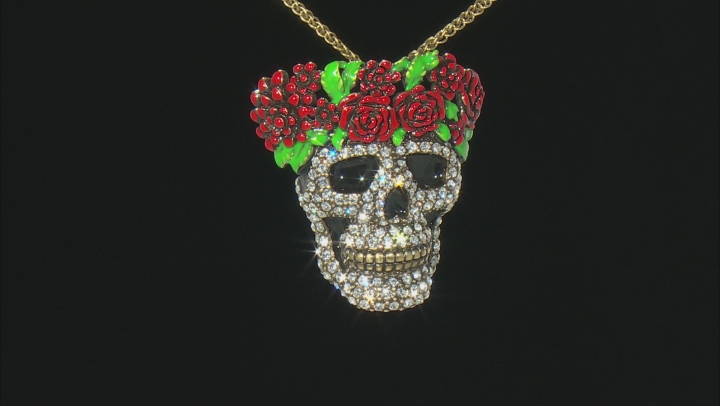 Multicolor Enamel White Crystal Day Of The Dead Skull Pin Pendant With Chain Video Thumbnail