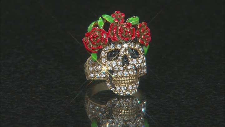 Multicolor Enamel White Crystal Antique Bronze Tone Day Of The Dead Skull Ring Video Thumbnail