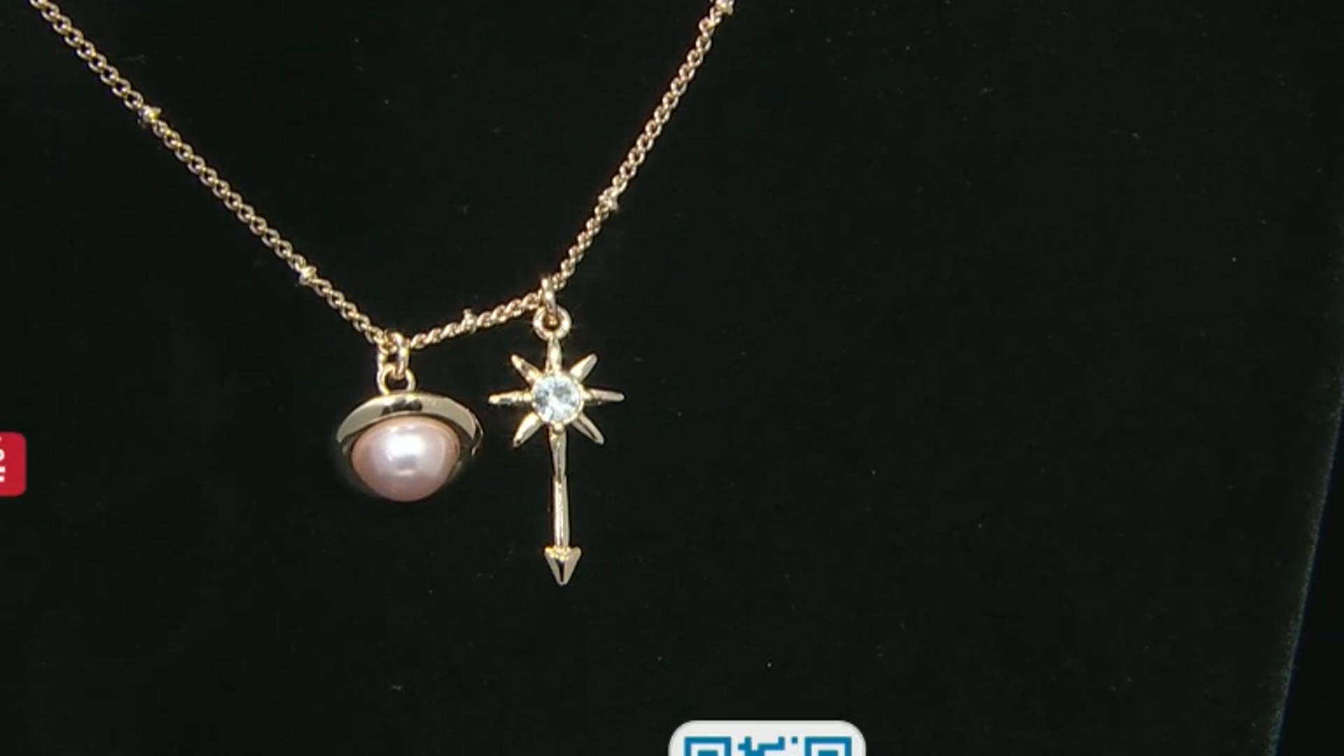 Pink Pearl Simulant and Glass Gold Tone Planet Charm Necklace Video Thumbnail