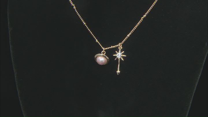 Pink Pearl Simulant and Glass Gold Tone Planet Charm Necklace Video Thumbnail