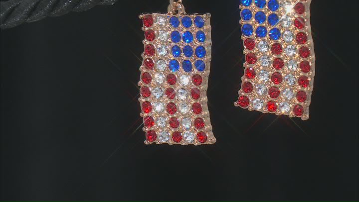 Red, White & Blue Crystal Gold Tone American Flag Earrings Video Thumbnail