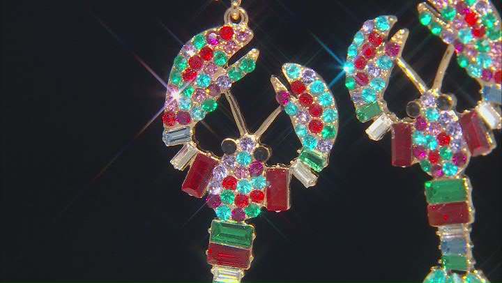 Multi-Color Crystal Gold Tone Lobster Dangle Earrings Video Thumbnail