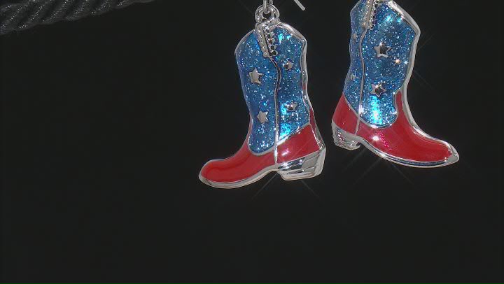 Blue & Red Enamel Silver Tone Patriotic Cowboy Boots Earrings Video Thumbnail
