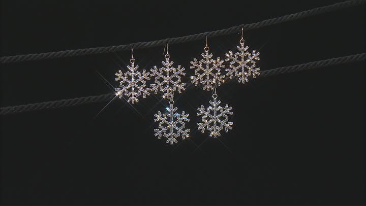 White Glass Crystal Gold/Silver/Rose Tone Set of 3 Snowflake Dangle Earrings Video Thumbnail