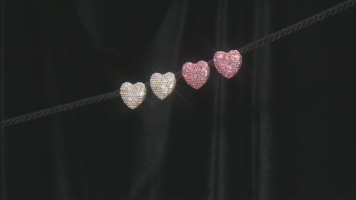 Pink and White Rhinestone Gold Tone Heart Stud Earrings Set of 2 Video Thumbnail