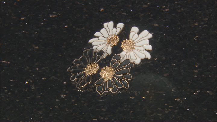 Black & White Enamel Gold Tone Floral Earrings Set Of 2 Video Thumbnail