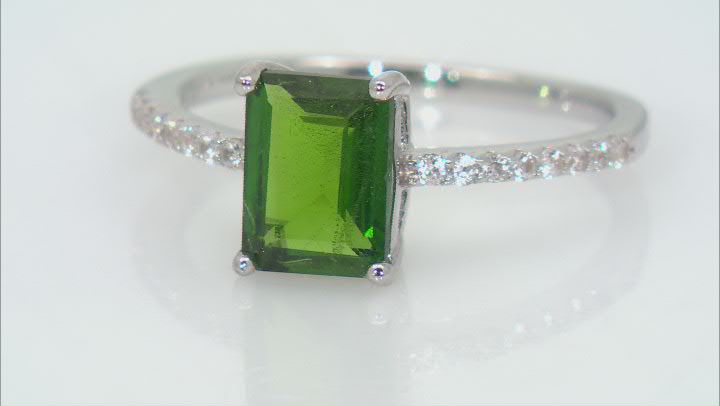 Emerald Cut Green Chrome Diopside With White Zircon Rhodium Over Sterling Silver Ring 1.19ctw Video Thumbnail