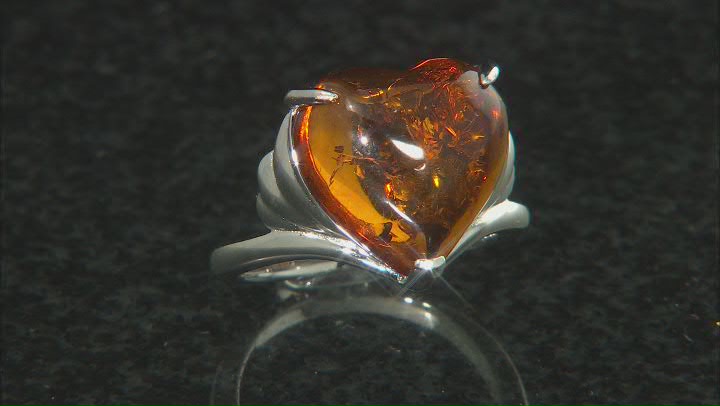 Heart-Shaped Cabochon Amber Rhodium Over Sterling Silver Solitaire Ring