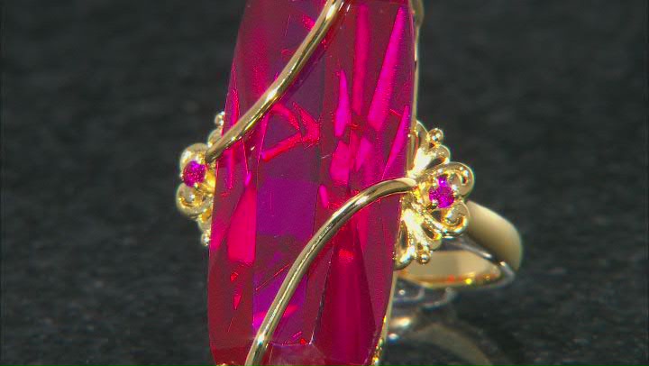 Red Lab Created Ruby 18k Yellow Gold Over Sterling Silver 3-stone Ring 21.43ctw Video Thumbnail