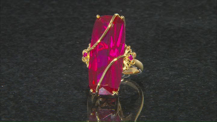 Red Lab Created Ruby 18k Yellow Gold Over Sterling Silver 3-stone Ring 21.43ctw