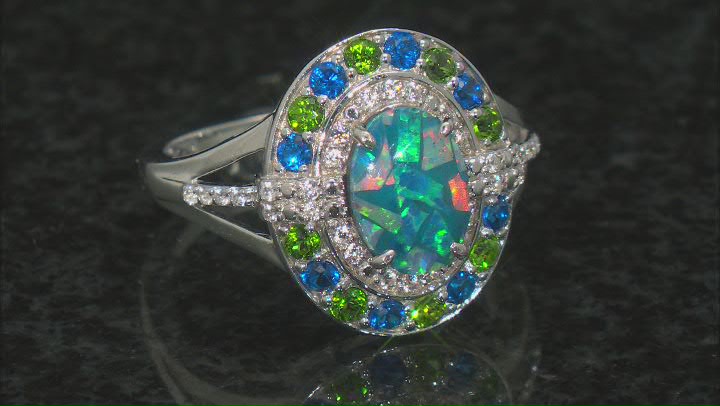 Multi Color Opal Triplet Rhodium Over Sterling Silver Ring 9x6mm Video Thumbnail