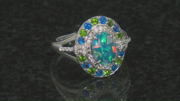 Multi Color Opal Triplet Rhodium Over Sterling Silver Ring 9x6mm Video Thumbnail