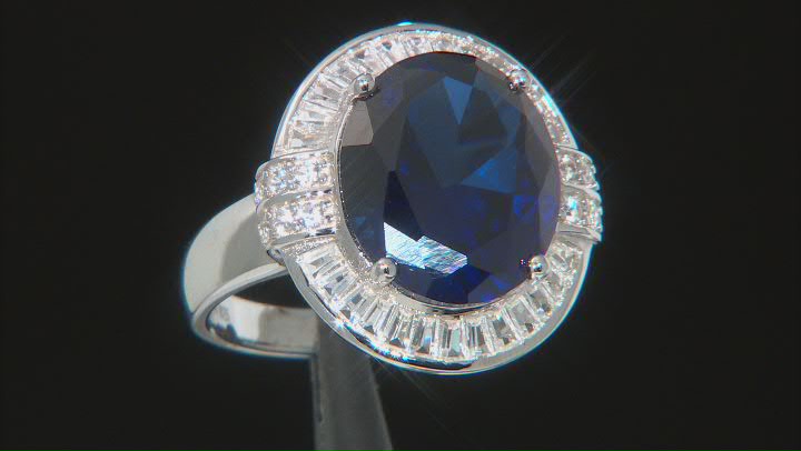 Blue Lab Created Sapphire Rhodium Over Sterling Silver Ring 10.33ctw Video Thumbnail