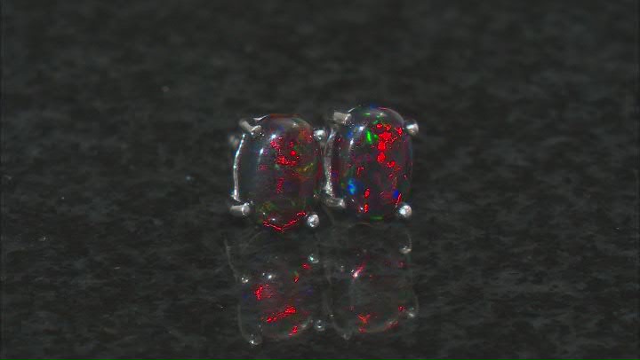 Multi-Color Oval Lab Created Opal Rhodium Over Sterling Silver Set of Stud Earrings Video Thumbnail