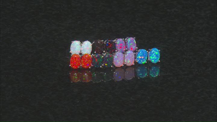 Multi-Color Oval Lab Created Opal Rhodium Over Sterling Silver Set of Stud Earrings Video Thumbnail