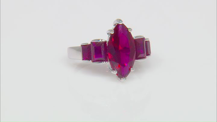 Marquuise and Baguette Red Lab Created Ruby Rhodium Over Sterling Silver Ring 2.87ctw Video Thumbnail