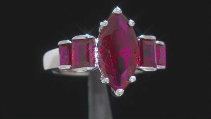 Marquuise and Baguette Red Lab Created Ruby Rhodium Over Sterling Silver Ring 2.87ctw Video Thumbnail