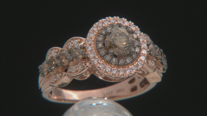 Champagne And White Diamond 14K Rose Gold Halo Ring 1.50ctw Video Thumbnail