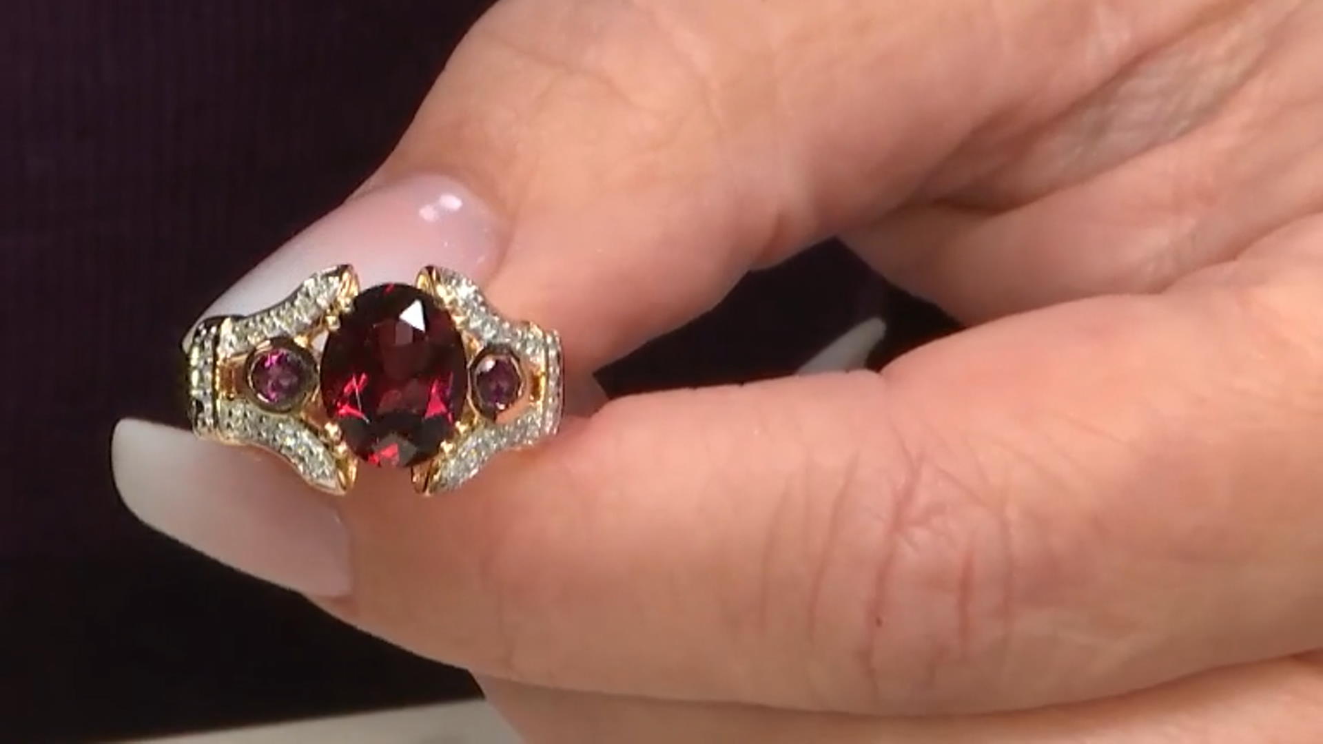 Raspberry Color Rhodolite And White Diamond 14k Yellow Gold Center Design Ring 3.23ctw Video Thumbnail