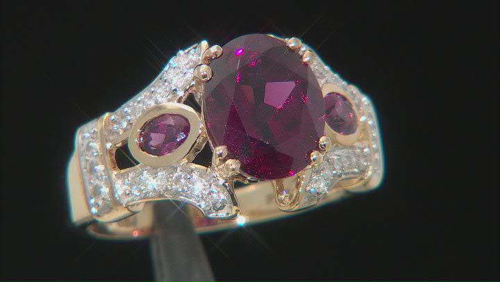 Raspberry Color Rhodolite And White Diamond 14k Yellow Gold Center Design Ring 3.23ctw Video Thumbnail