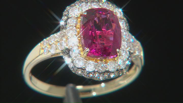 Pink Tourmaline With White And Champagne Diamond 14k Yellow Gold Halo Ring 2.89ctw Video Thumbnail