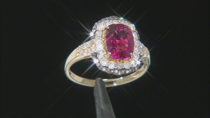 Pink Tourmaline With White And Champagne Diamond 14k Yellow Gold Halo Ring 2.89ctw Video Thumbnail