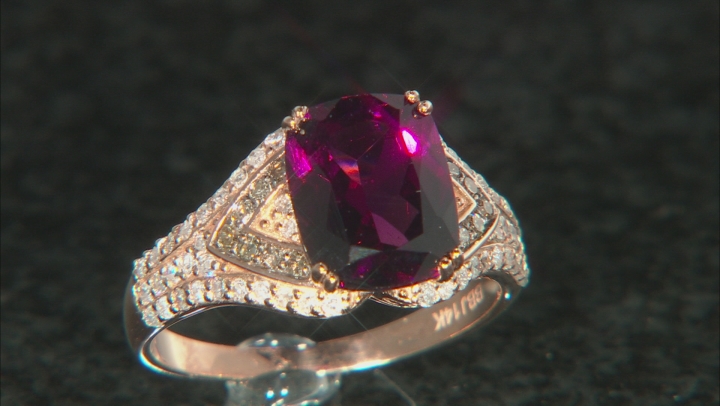Rhodolite Garnet With Champagne & White Diamond 14K Rose Gold Center Design Ring 3.48ctw Video Thumbnail